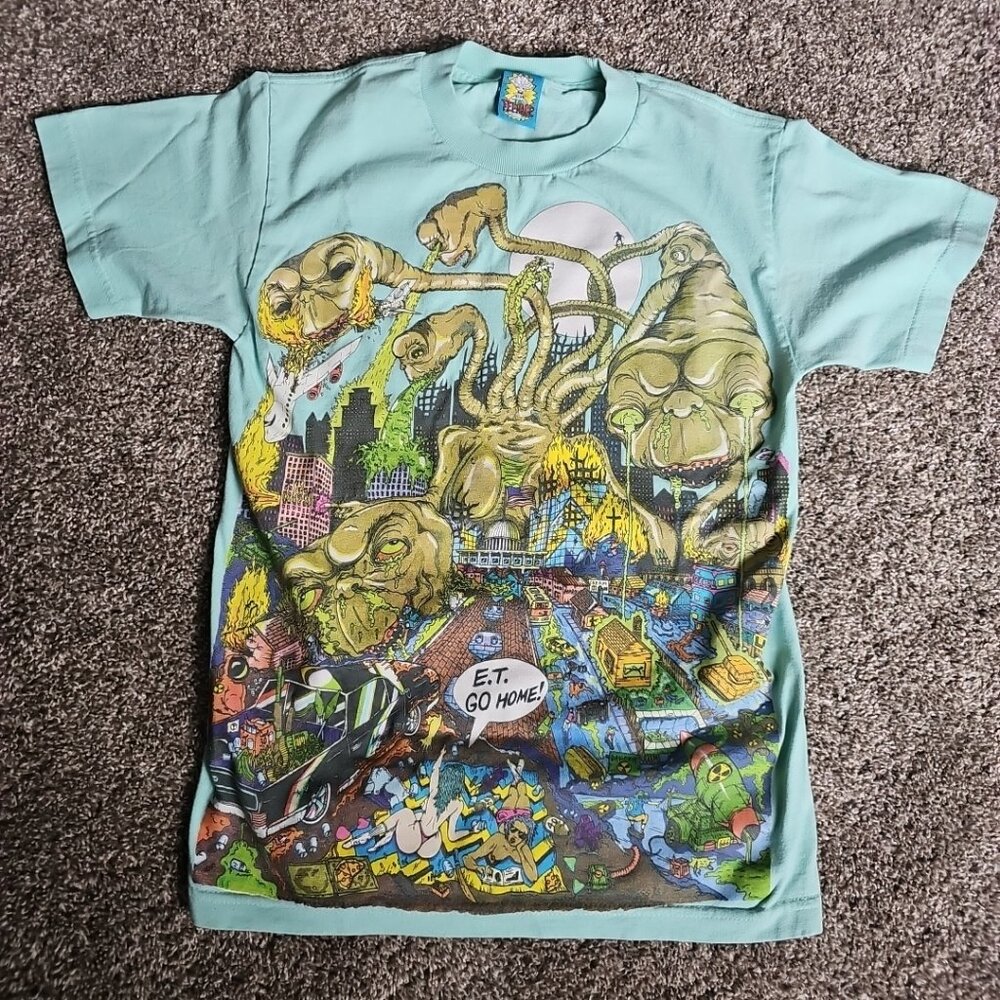 Teenage E.T. Go Home Spoof Blue Front AOP Size Small Short Sleeve Shirt